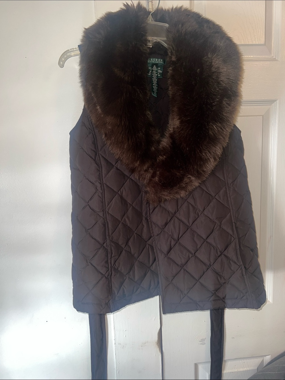Ralph Lauren Chocolate Brown Quilted Vest with Plush Fur Collar